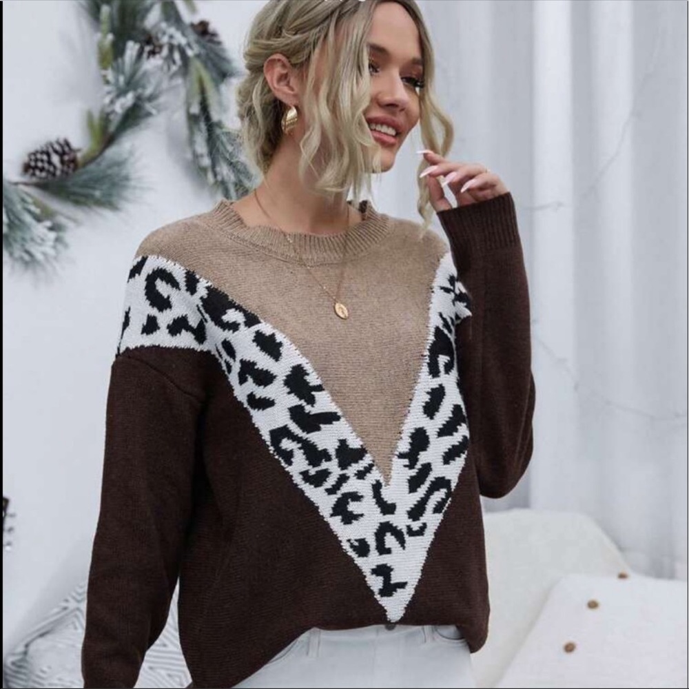 Blue Leopard V- Two Tone Knit Sweater - Picture 3 of 4